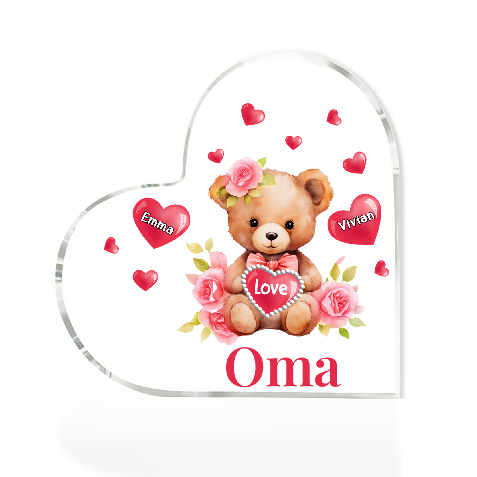Personalisierte 2 Namen & Text & Teddybär-Motiv Herz Acryl-Deko– Perfektes Geschenk für Oma Großmutter
