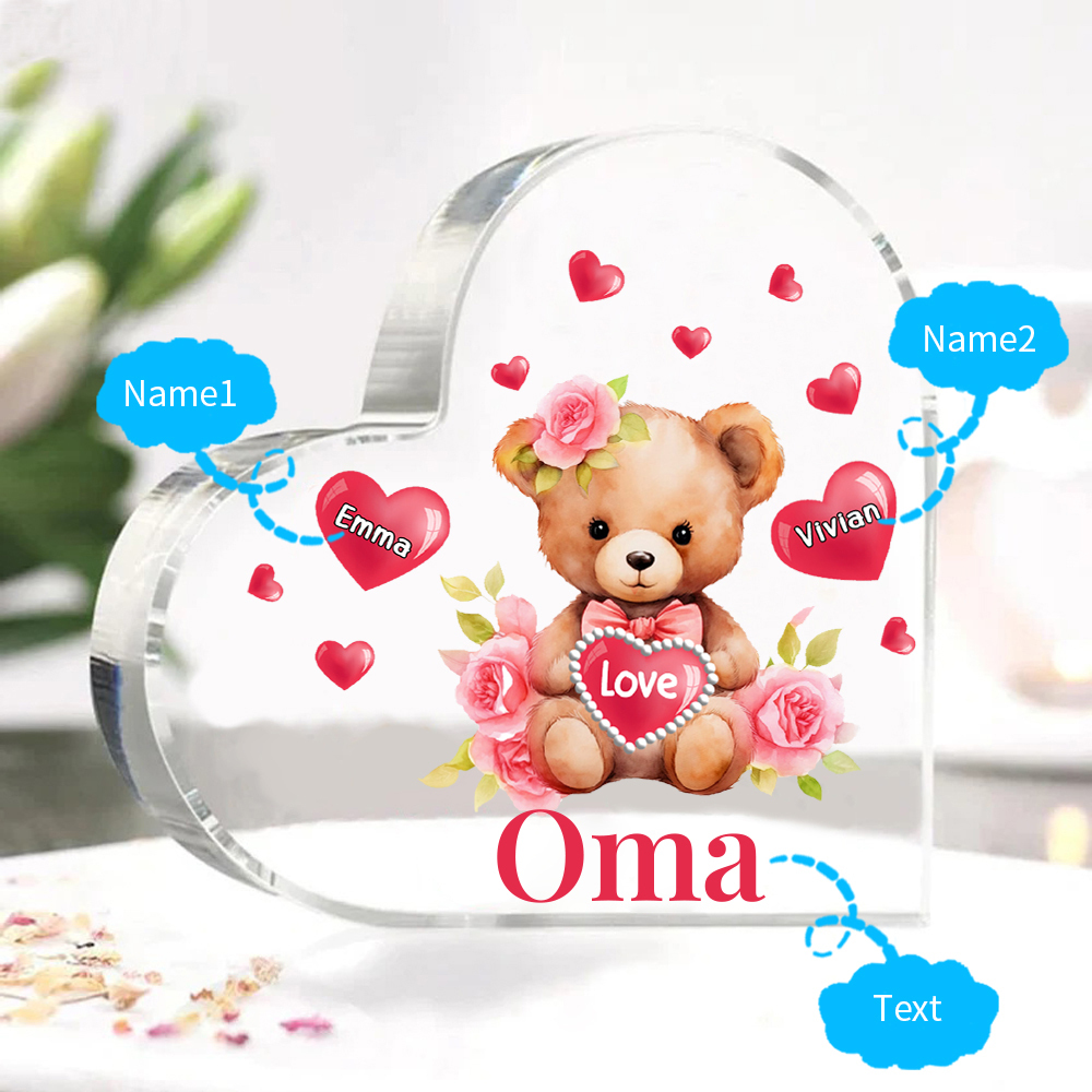 Personalisierte 2 Namen & Text & Teddybär-Motiv Herz Acryl-Deko– Perfektes Geschenk für Oma Großmutter