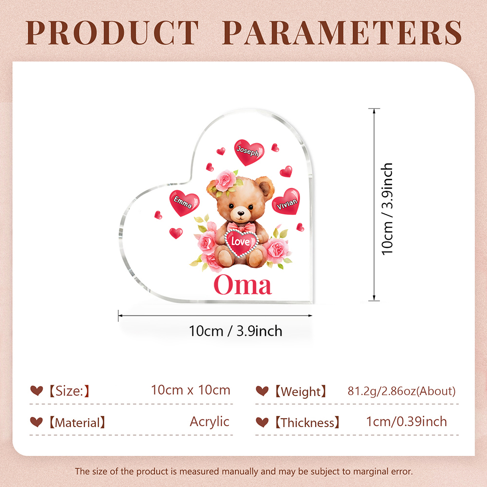 Personalisierte 3 Namen & Text & Teddybär-Motiv Herz Acryl-Deko– Perfektes Geschenk für Oma Großmutter