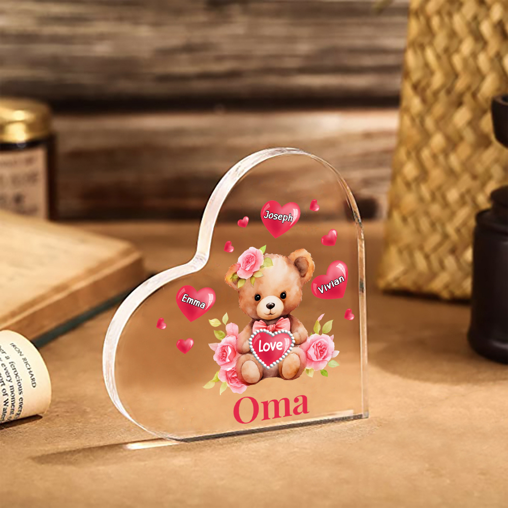 Personalisierte 3 Namen & Text & Teddybär-Motiv Herz Acryl-Deko– Perfektes Geschenk für Oma Großmutter