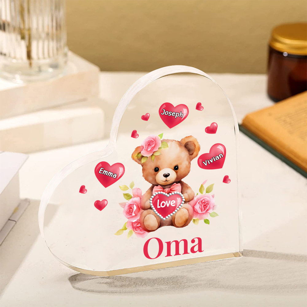 Personalisierte 3 Namen & Text & Teddybär-Motiv Herz Acryl-Deko– Perfektes Geschenk für Oma Großmutter
