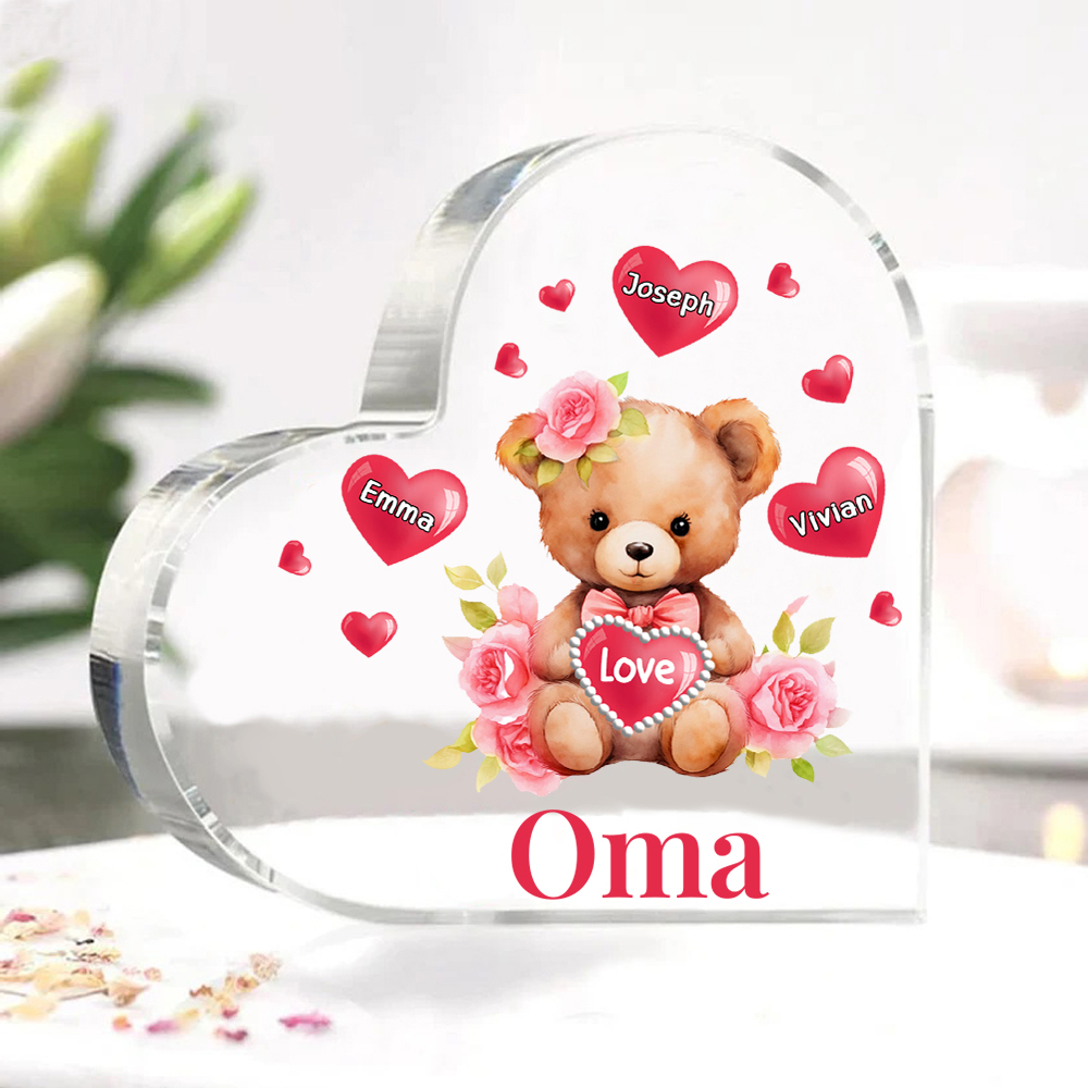 Personalisierte 3 Namen & Text & Teddybär-Motiv Herz Acryl-Deko– Perfektes Geschenk für Oma Großmutter