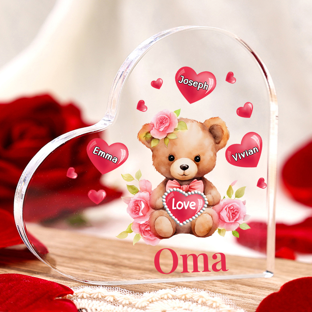 Personalisierte 3 Namen & Text & Teddybär-Motiv Herz Acryl-Deko– Perfektes Geschenk für Oma Großmutter