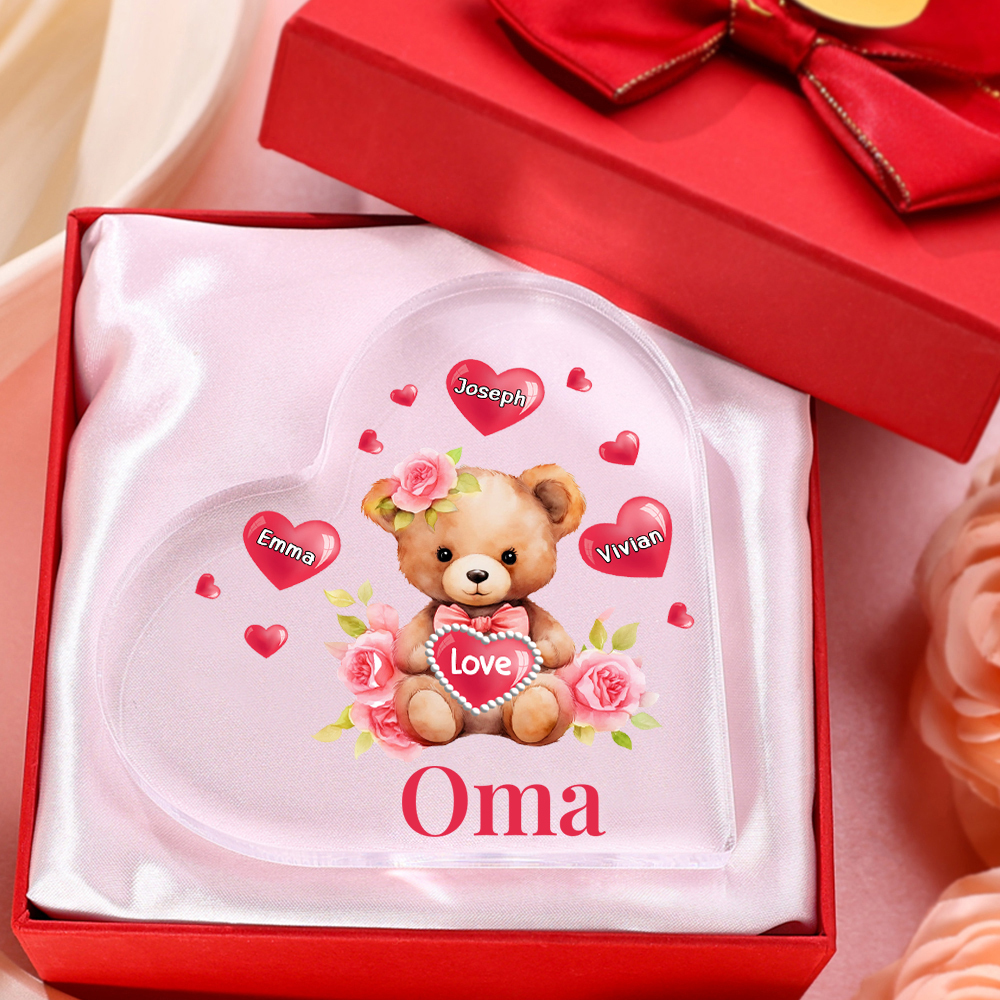 Personalisierte 3 Namen & Text & Teddybär-Motiv Herz Acryl-Deko– Perfektes Geschenk für Oma Großmutter