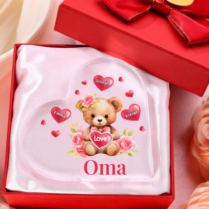 Personalisierte 3 Namen & Text & Teddybär-Motiv Herz Acryl-Deko– Perfektes Geschenk für Oma Großmutter 