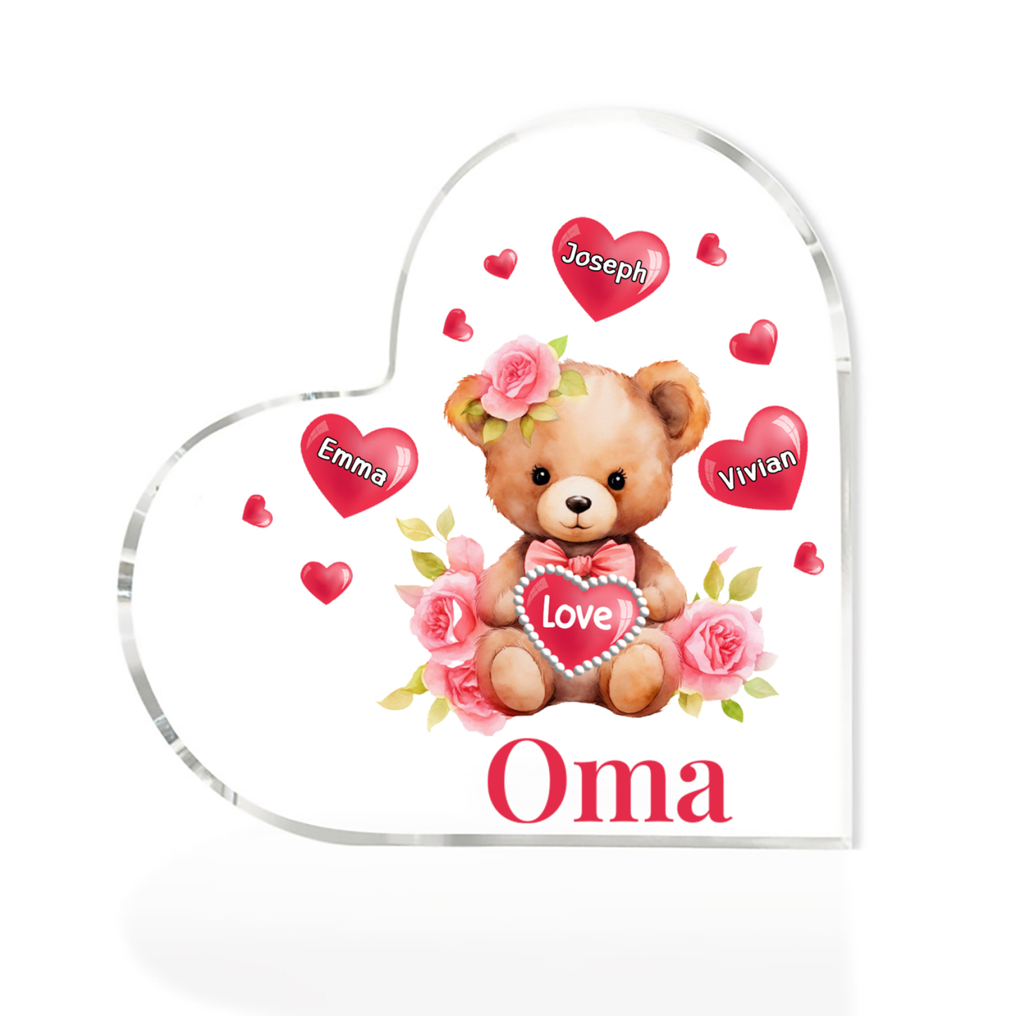 Personalisierte 3 Namen & Text & Teddybär-Motiv Herz Acryl-Deko– Perfektes Geschenk für Oma Großmutter