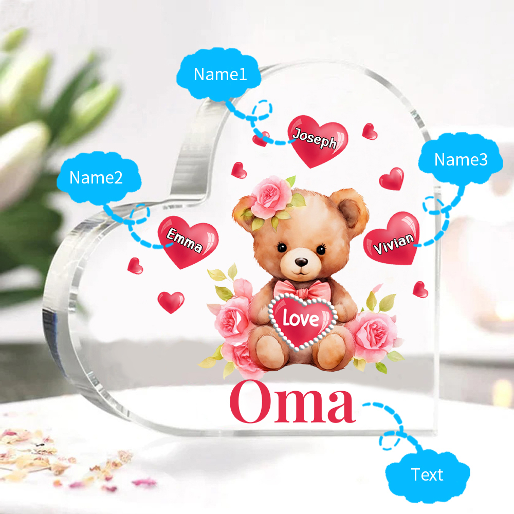 Personalisierte 3 Namen & Text & Teddybär-Motiv Herz Acryl-Deko– Perfektes Geschenk für Oma Großmutter