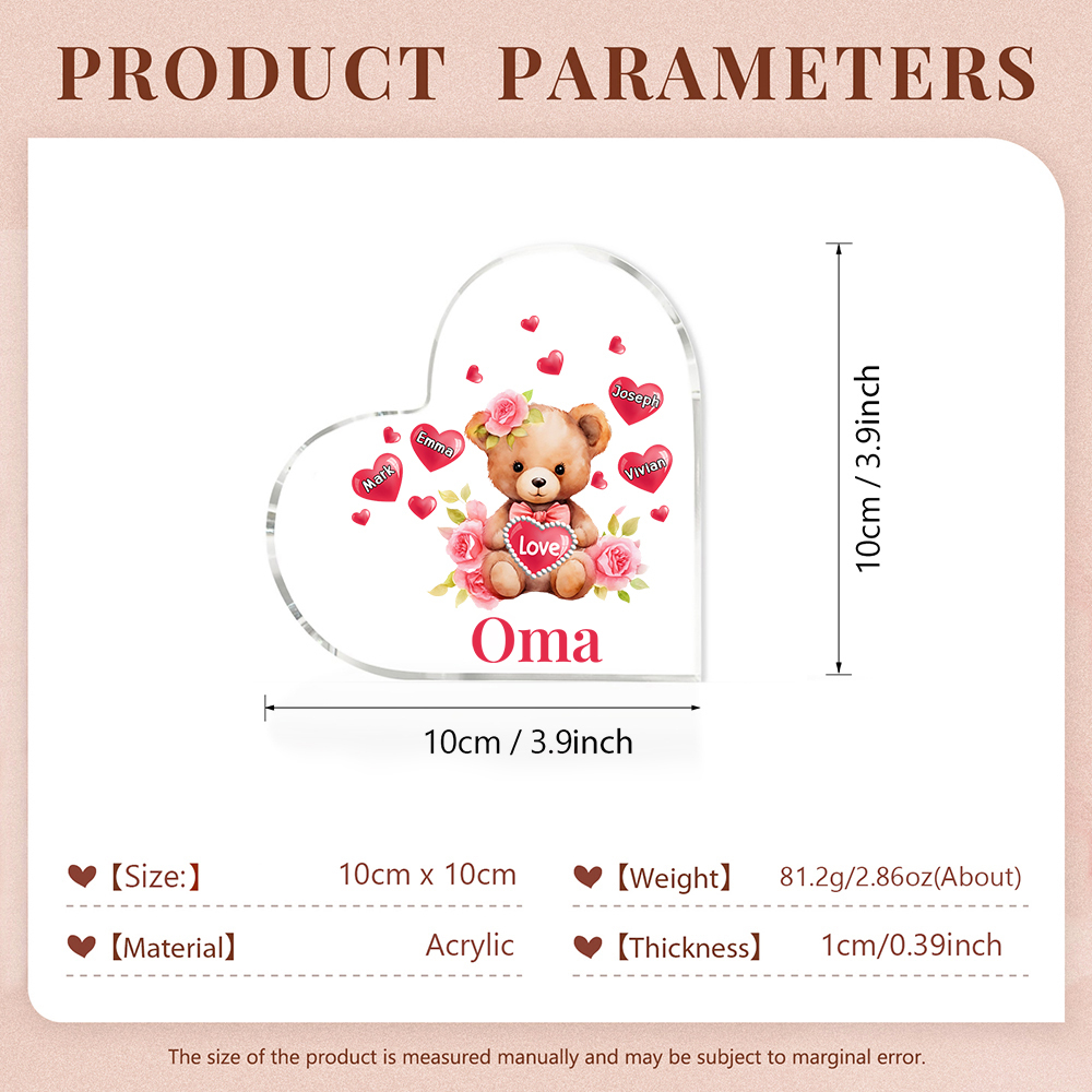 Personalisierte 4 Namen & Text & Teddybär-Motiv Herz Acryl-Deko– Perfektes Geschenk für Oma Großmutter