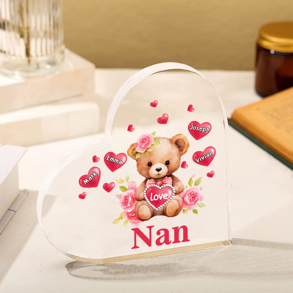 Personalisierte 4 Namen & Text & Teddybär-Motiv Herz Acryl-Deko– Perfektes Geschenk für Oma Großmutter