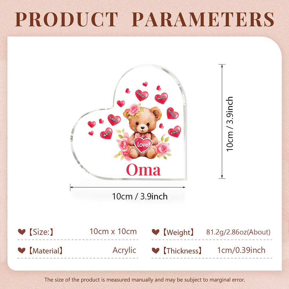 Personalisierte 6 Namen & Text & Teddybär-Motiv Herz Acryl-Deko– Perfektes Geschenk für Oma Großmutter