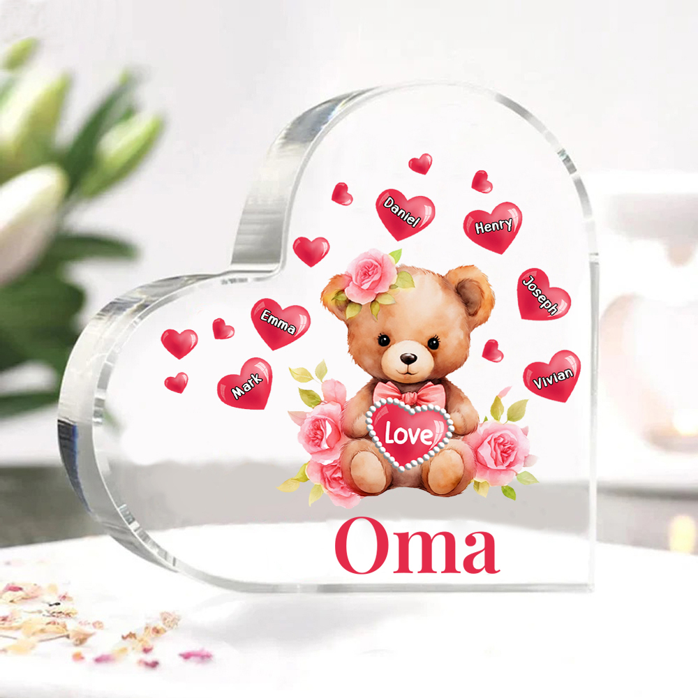 Personalisierte 6 Namen & Text & Teddybär-Motiv Herz Acryl-Deko– Perfektes Geschenk für Oma Großmutter