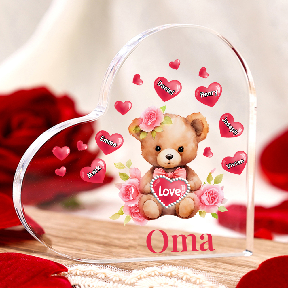 Personalisierte 6 Namen & Text & Teddybär-Motiv Herz Acryl-Deko– Perfektes Geschenk für Oma Großmutter