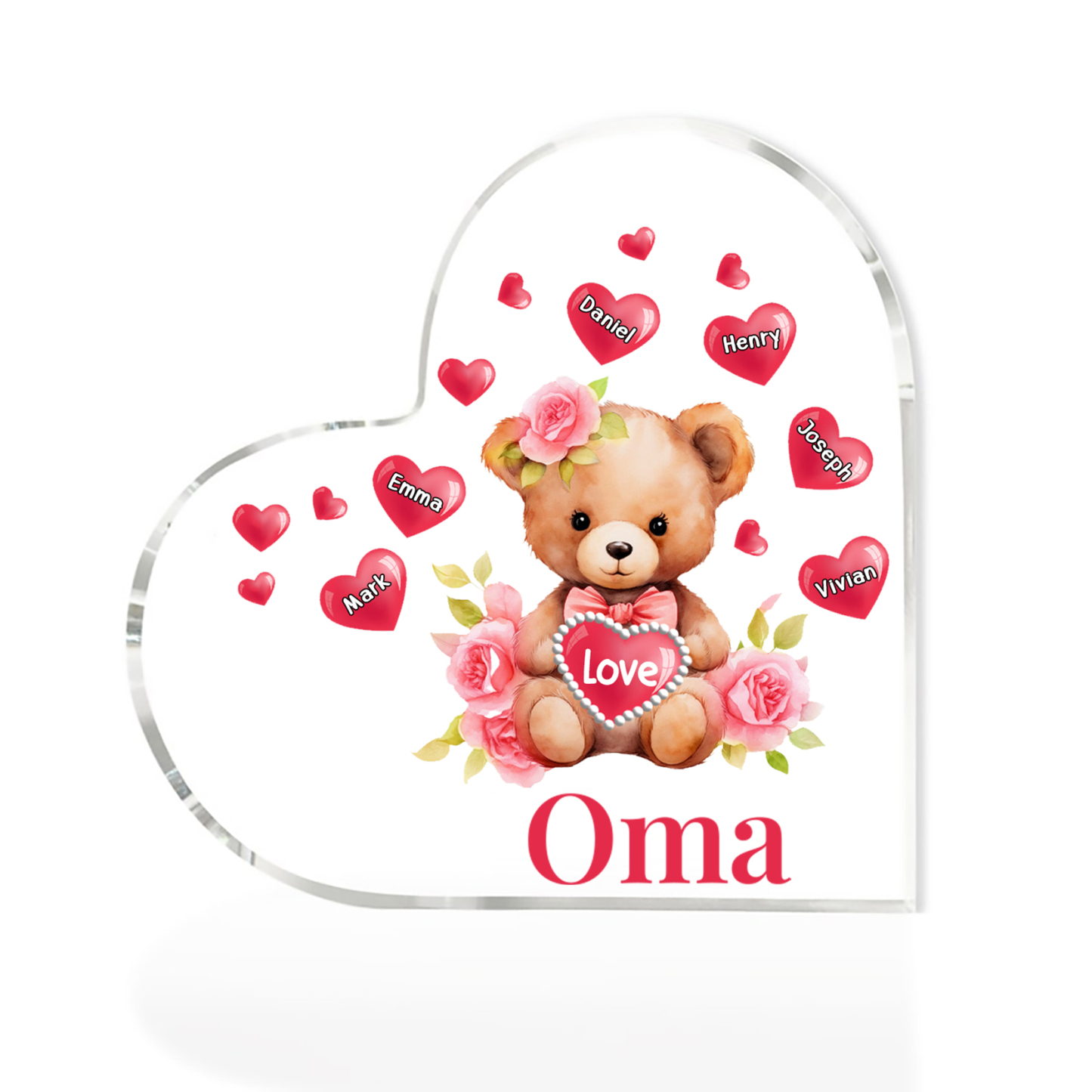 Personalisierte 6 Namen & Text & Teddybär-Motiv Herz Acryl-Deko– Perfektes Geschenk für Oma Großmutter