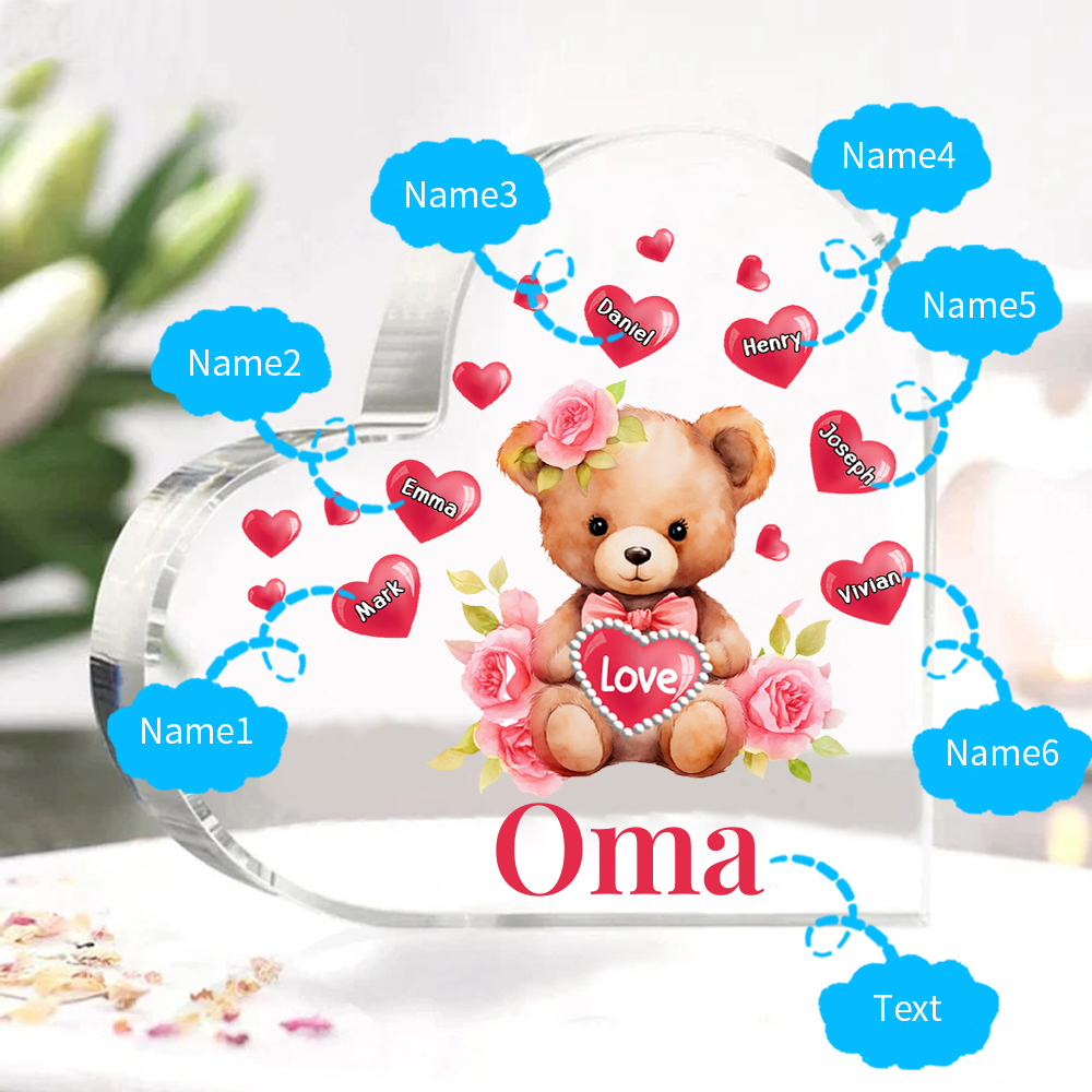 Personalisierte 6 Namen & Text & Teddybär-Motiv Herz Acryl-Deko– Perfektes Geschenk für Oma Großmutter