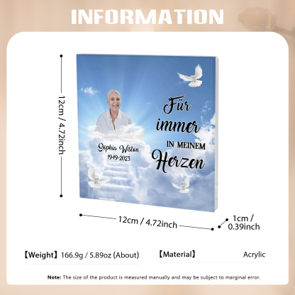 Personalisierte 2 Texte & Foto Quadrat Acryl-Deko-Für immer in meinem Herzen-Trauer Schreibtischdekoration