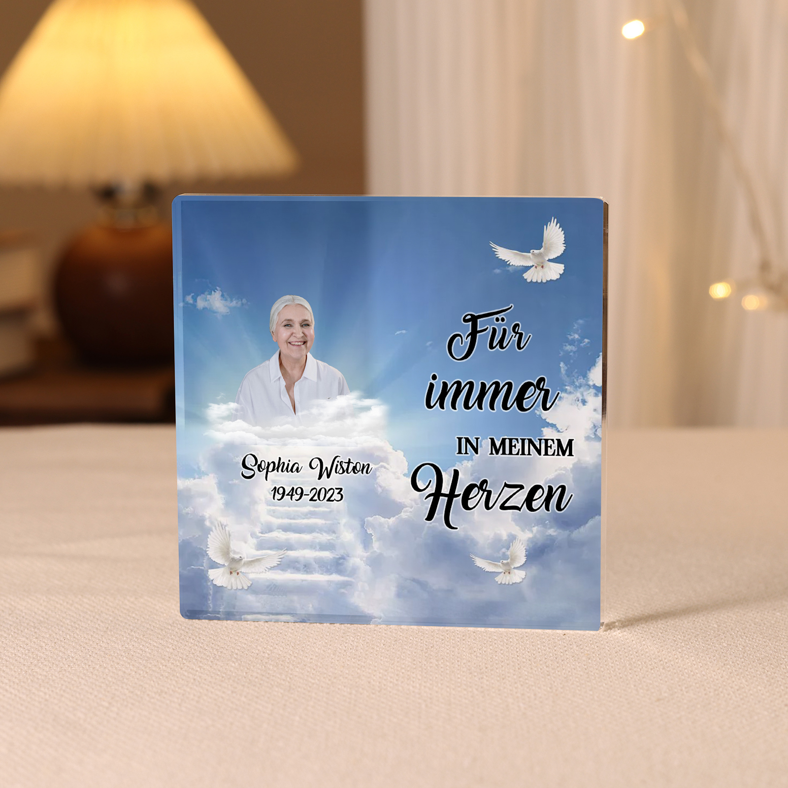 Personalisierte 2 Texte & Foto Quadrat Acryl-Deko-Für immer in meinem Herzen-Trauer Schreibtischdekoration