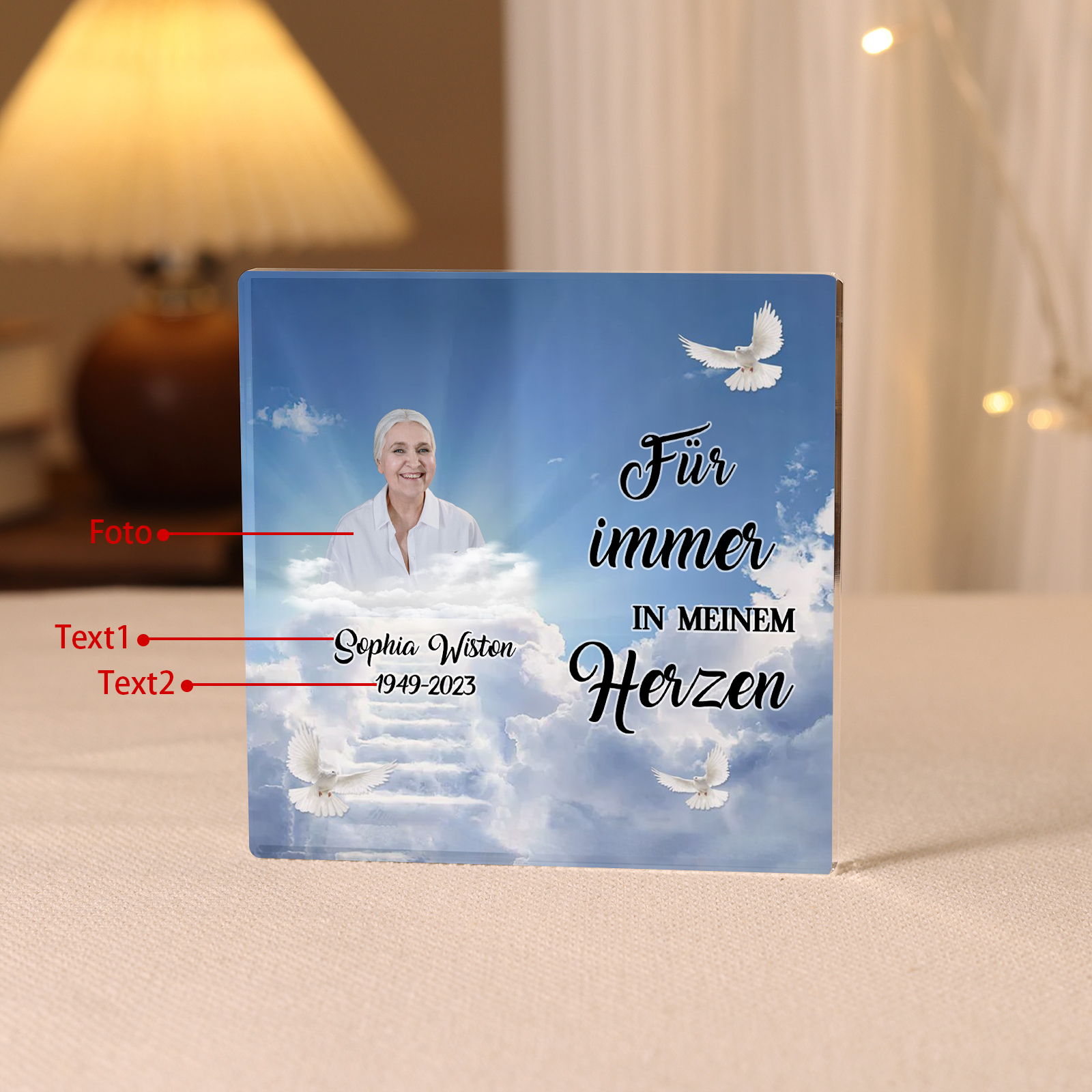 Personalisierte 2 Texte & Foto Quadrat Acryl-Deko-Für immer in meinem Herzen-Trauer Schreibtischdekoration