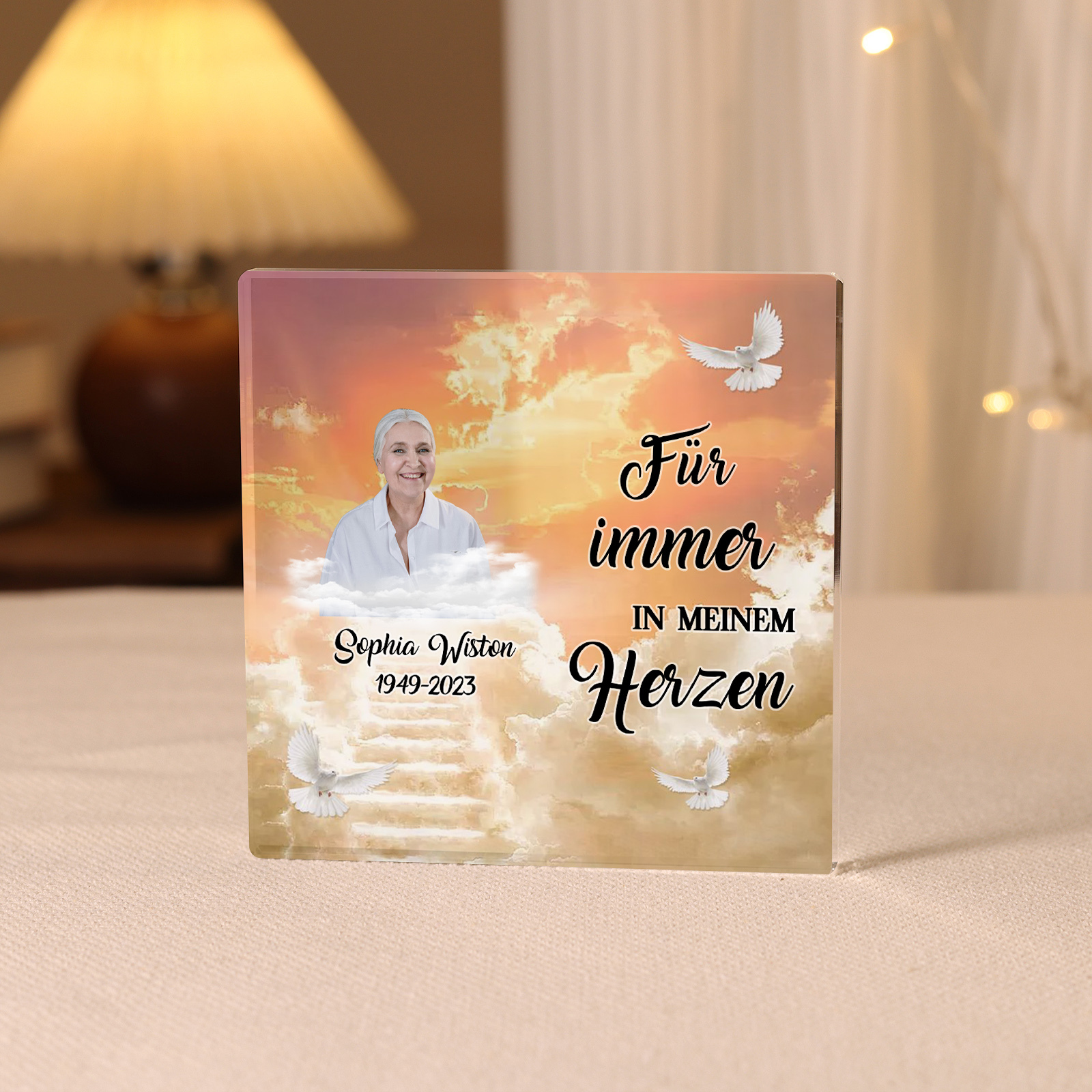 Personalisierte 2 Texte & Foto Quadrat Acryl-Deko-Für immer in meinem Herzen-Trauer Schreibtischdekoration