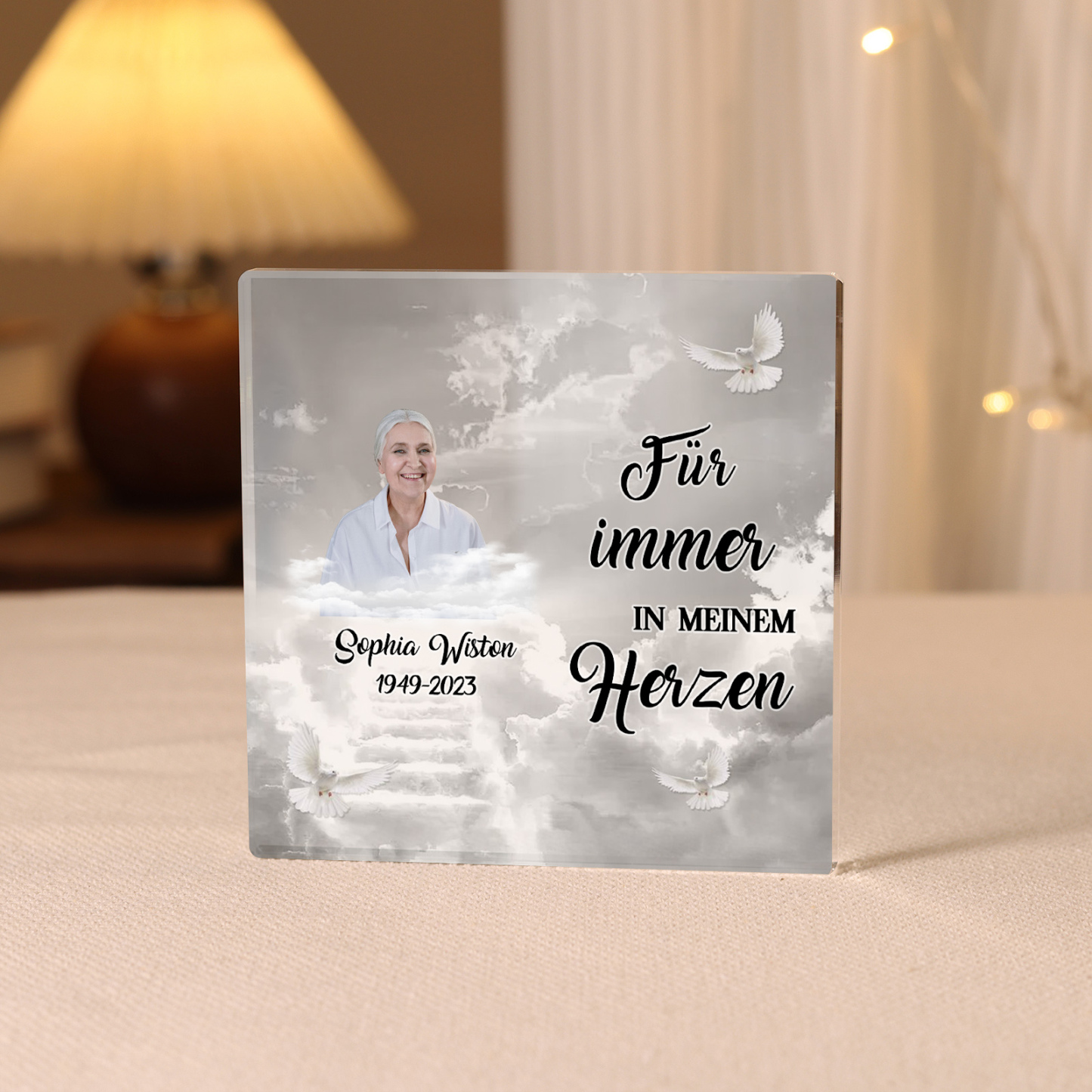 Personalisierte 2 Texte & Foto Quadrat Acryl-Deko-Für immer in meinem Herzen-Trauer Schreibtischdekoration