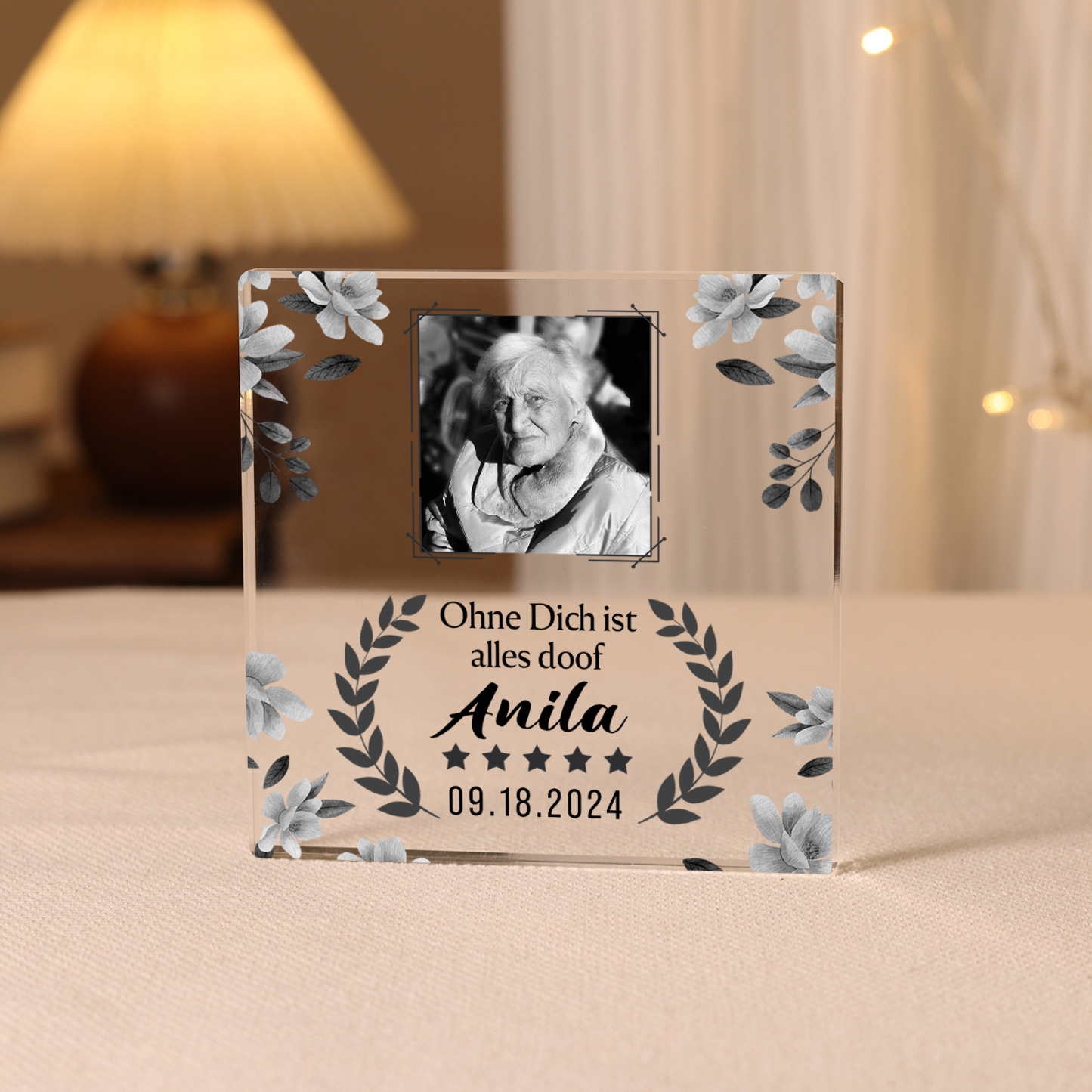 Personalisierte 2 Texte & Foto Quadrat Acryl-Deko-Ohne dich ist alles doof-Trauer Schreibtischdekoration