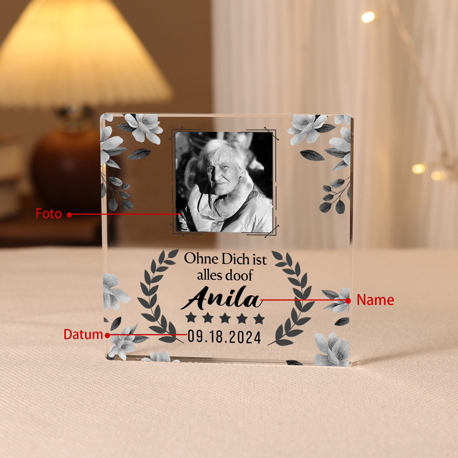 Personalisierte 2 Texte & Foto Quadrat Acryl-Deko-Ohne dich ist alles doof-Trauer Schreibtischdekoration