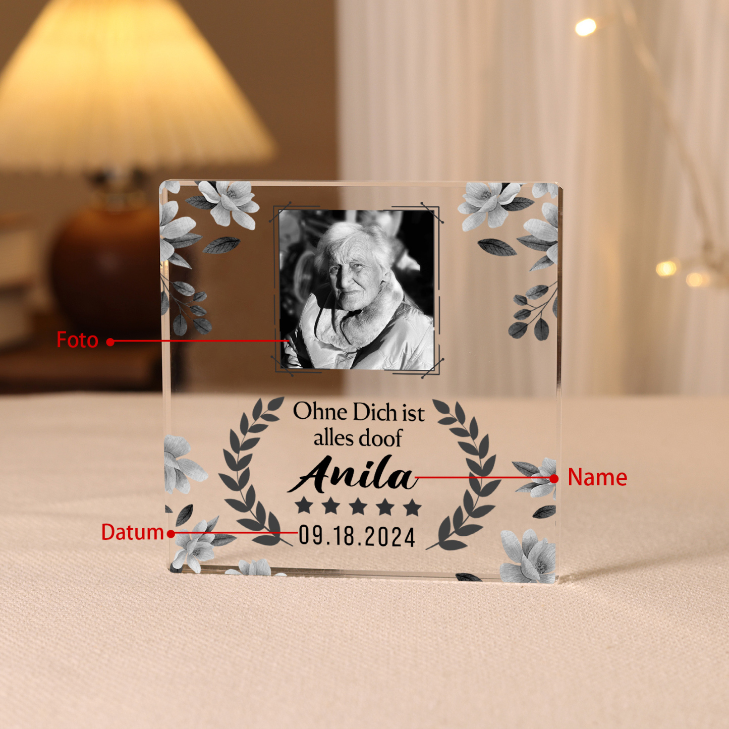 Personalisierte 2 Texte & Foto Quadrat Acryl-Deko-Ohne dich ist alles doof-Trauer Schreibtischdekoration