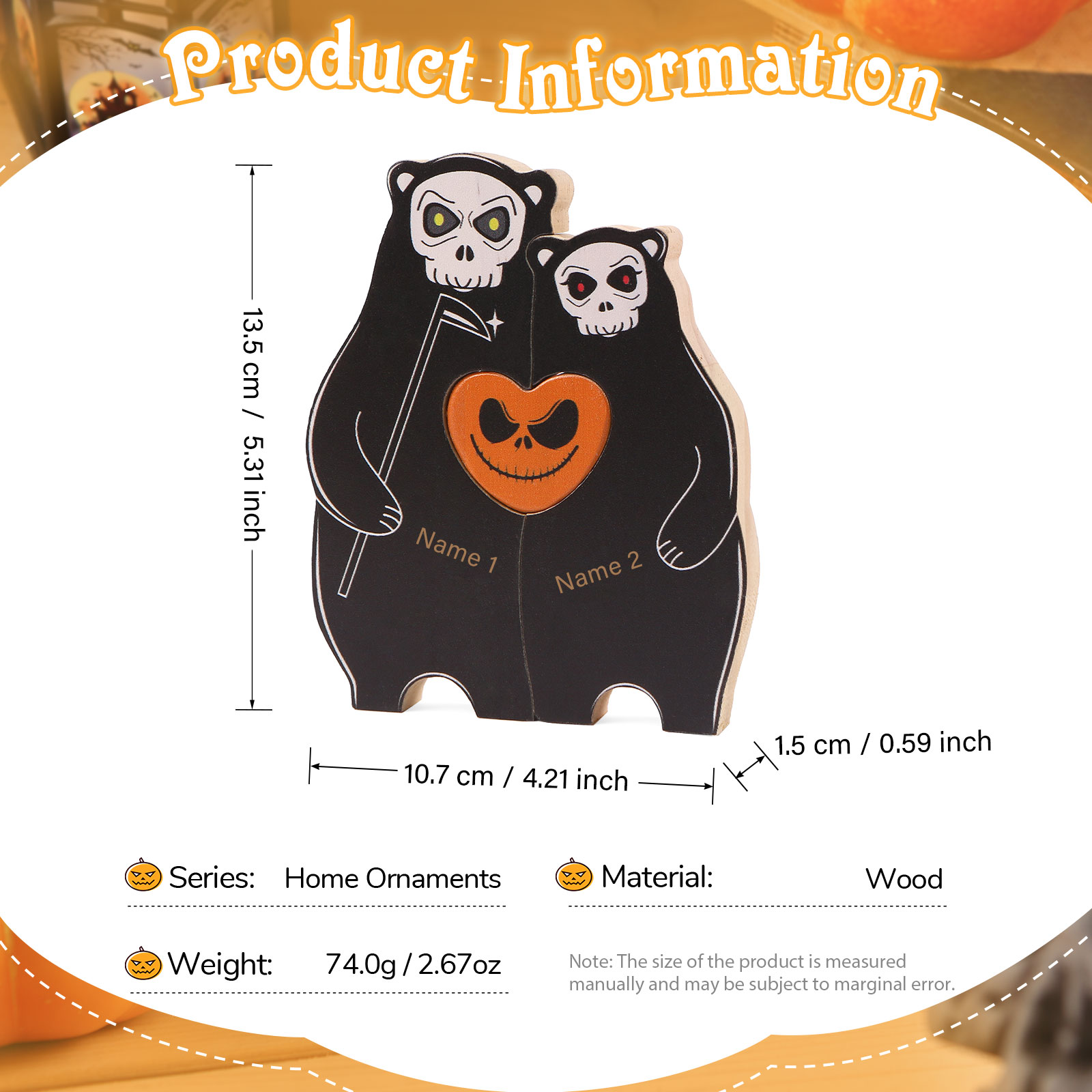 Personalisierte 2 Namen Bären Holz Puzzle Halloween-Ornament- Einzigartiges Geschenk für den spookigen Tag