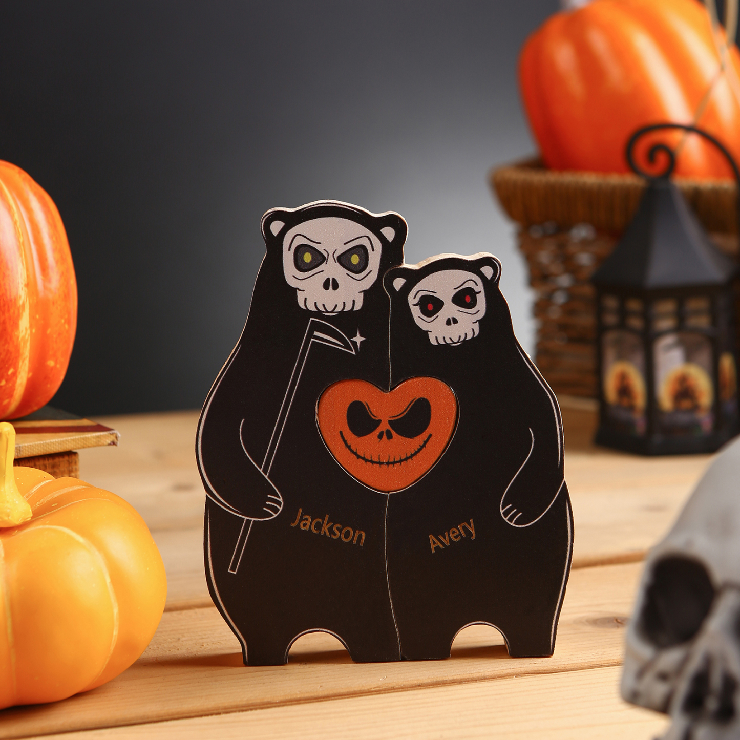 Personalisierte 2 Namen Bären Holz Puzzle Halloween-Ornament- Einzigartiges Geschenk für den spookigen Tag