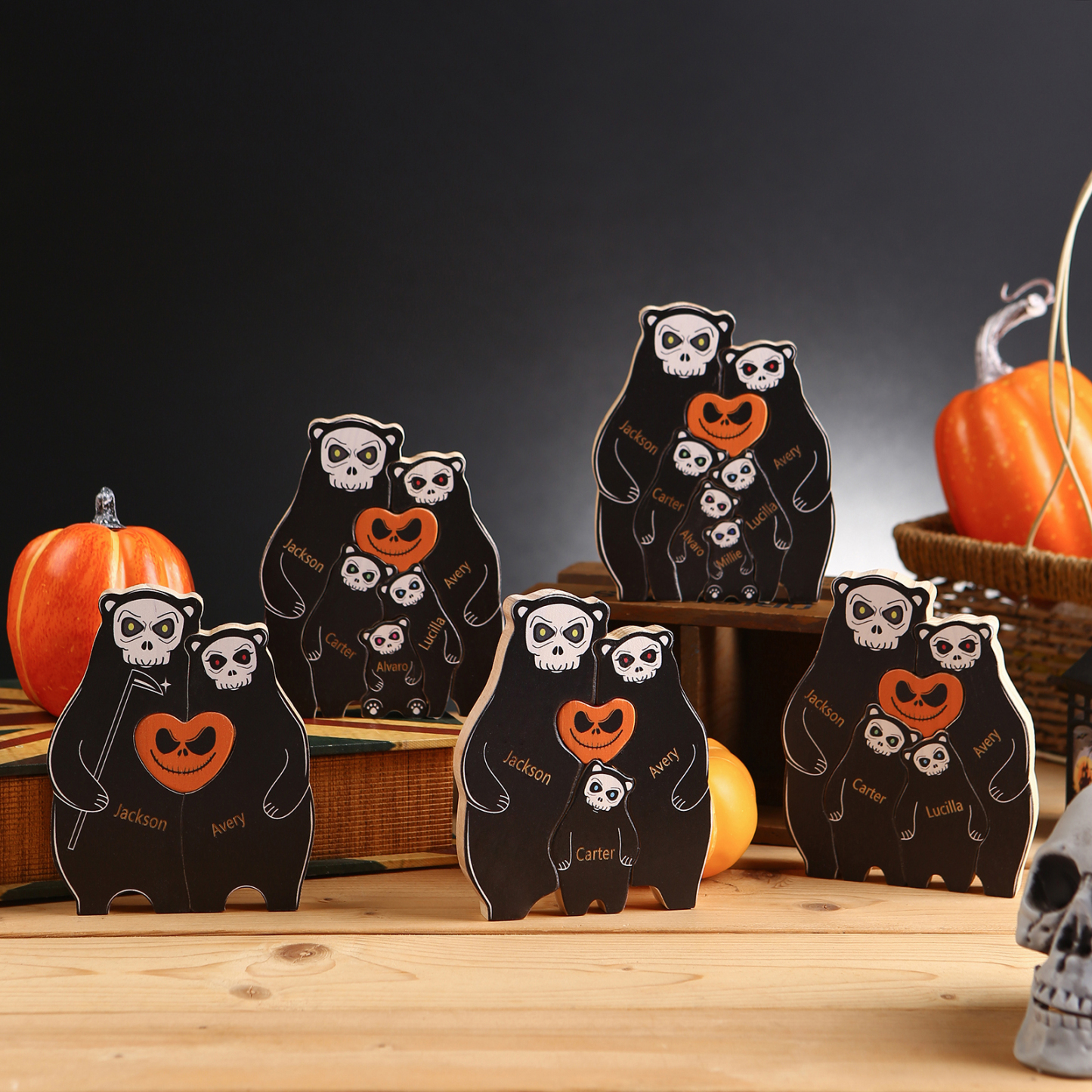Personalisierte 5 Namen Bären Holz Puzzle Halloween-Ornament- Einzigartiges Geschenk für den spookigen Tag