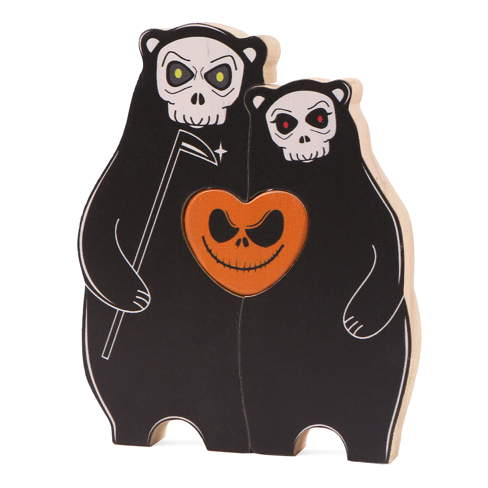 Personalisierte 2 Namen Bären Holz Puzzle Halloween-Ornament- Einzigartiges Geschenk für den spookigen Tag