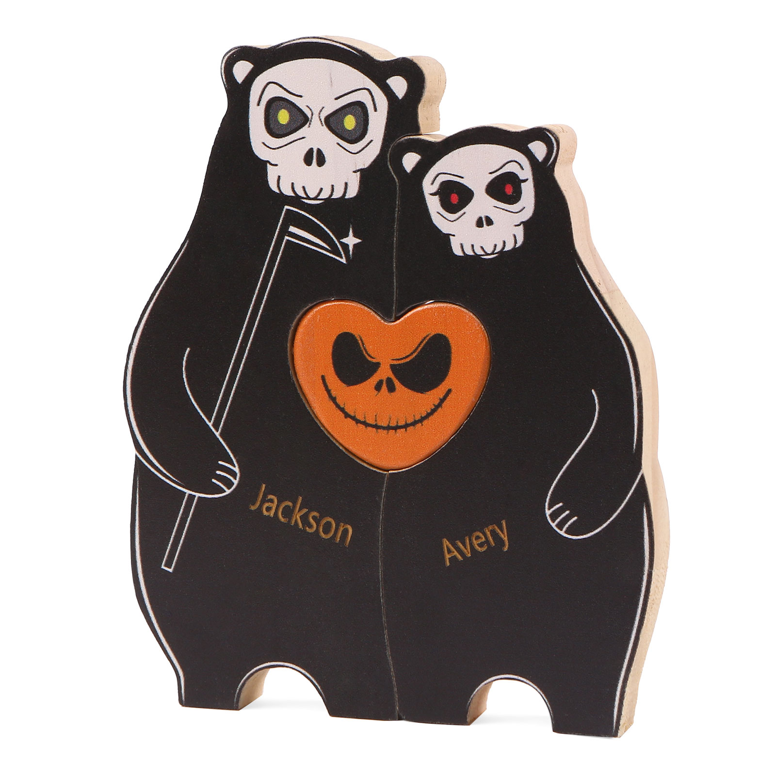 Personalisierte 2 Namen Bären Holz Puzzle Halloween-Ornament- Einzigartiges Geschenk für den spookigen Tag
