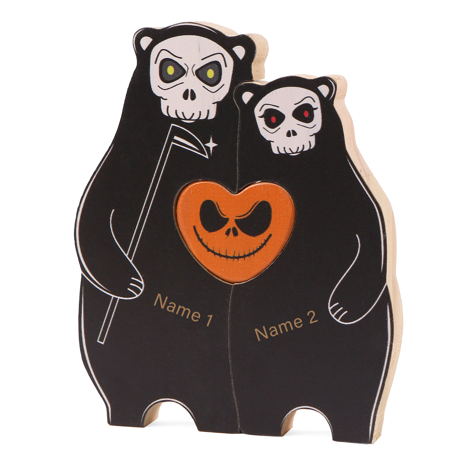 Personalisierte 2 Namen Bären Holz Puzzle Halloween-Ornament- Einzigartiges Geschenk für den spookigen Tag