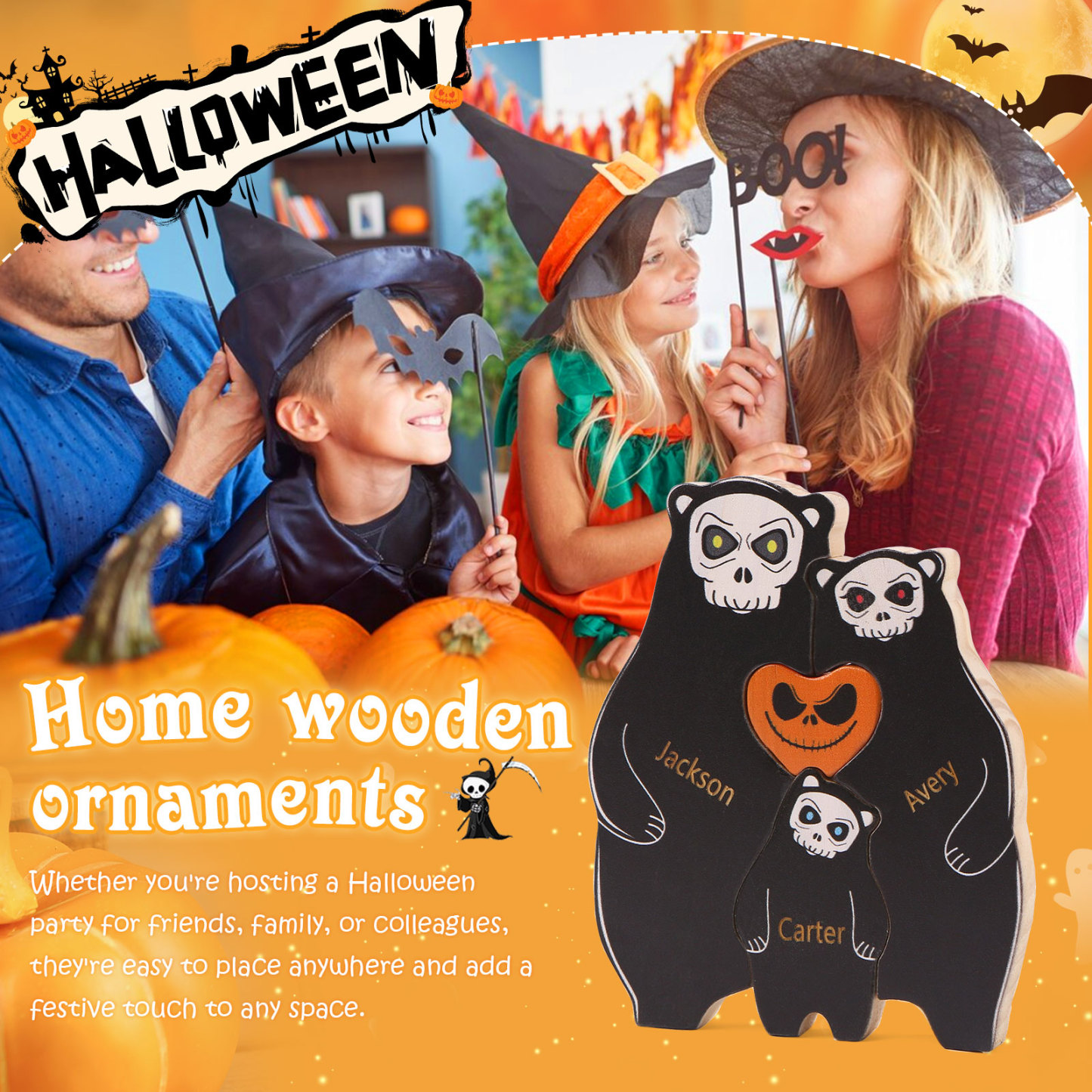 Personalisierte 3 Namen Bären Holz Puzzle Halloween-Ornament- Einzigartiges Geschenk für den spookigen Tag