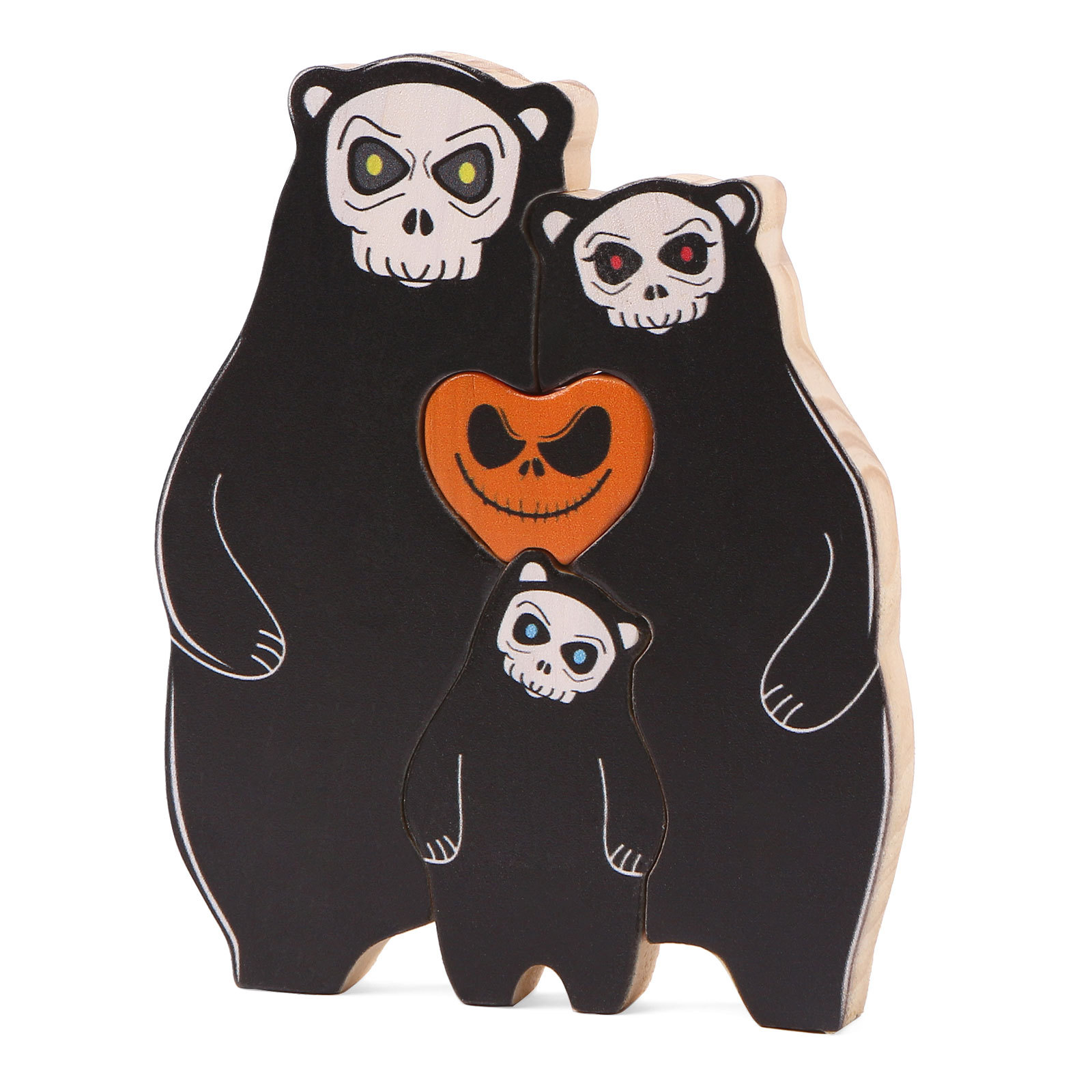 Personalisierte 3 Namen Bären Holz Puzzle Halloween-Ornament- Einzigartiges Geschenk für den spookigen Tag