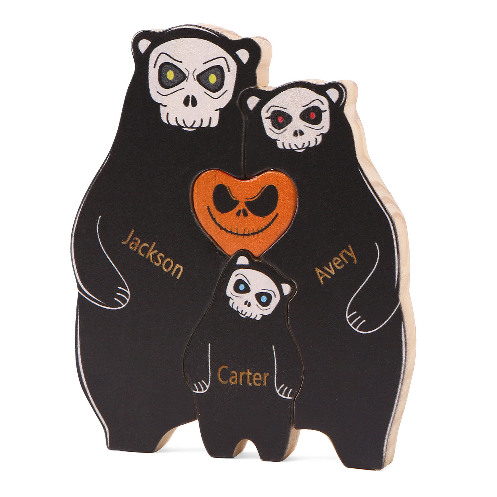Personalisierte 3 Namen Bären Holz Puzzle Halloween-Ornament- Einzigartiges Geschenk für den spookigen Tag