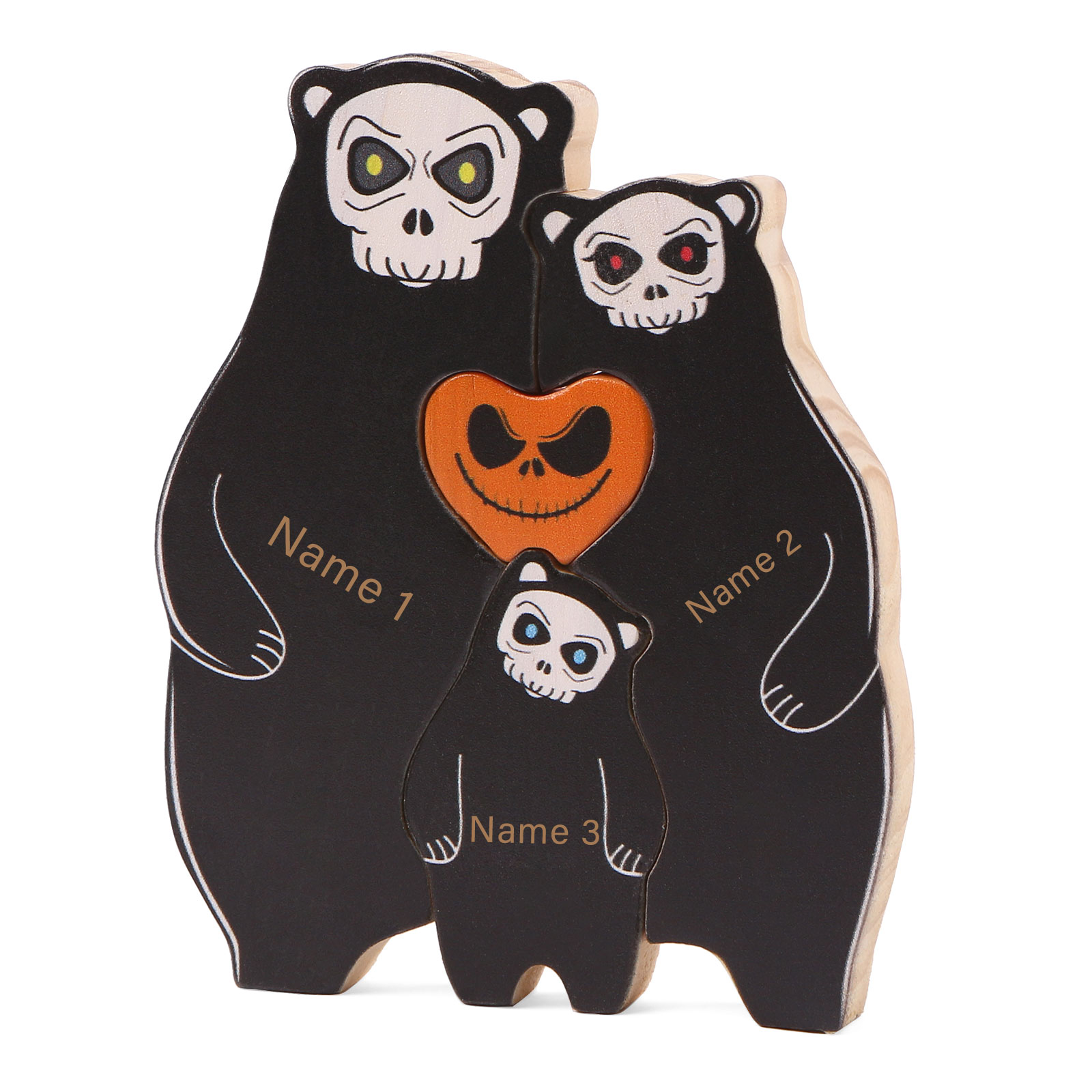 Personalisierte 3 Namen Bären Holz Puzzle Halloween-Ornament- Einzigartiges Geschenk für den spookigen Tag