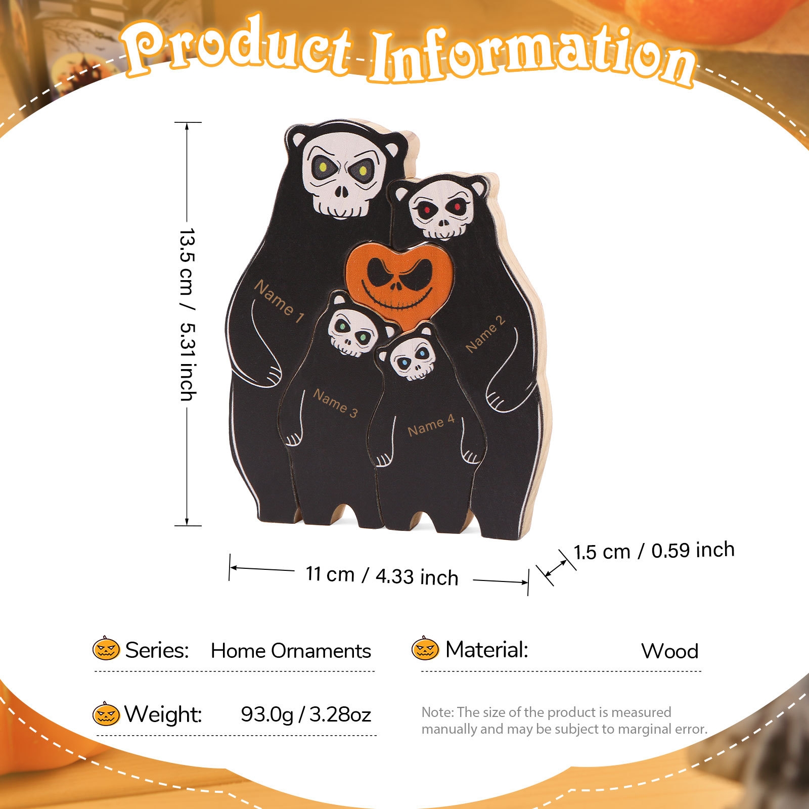 Personalisierte 4 Namen Bären Holz Puzzle Halloween-Ornament- Einzigartiges Geschenk für den spookigen Tag
