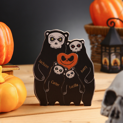 Personalisierte 4 Namen Bären Holz Puzzle Halloween-Ornament- Einzigartiges Geschenk für den spookigen Tag