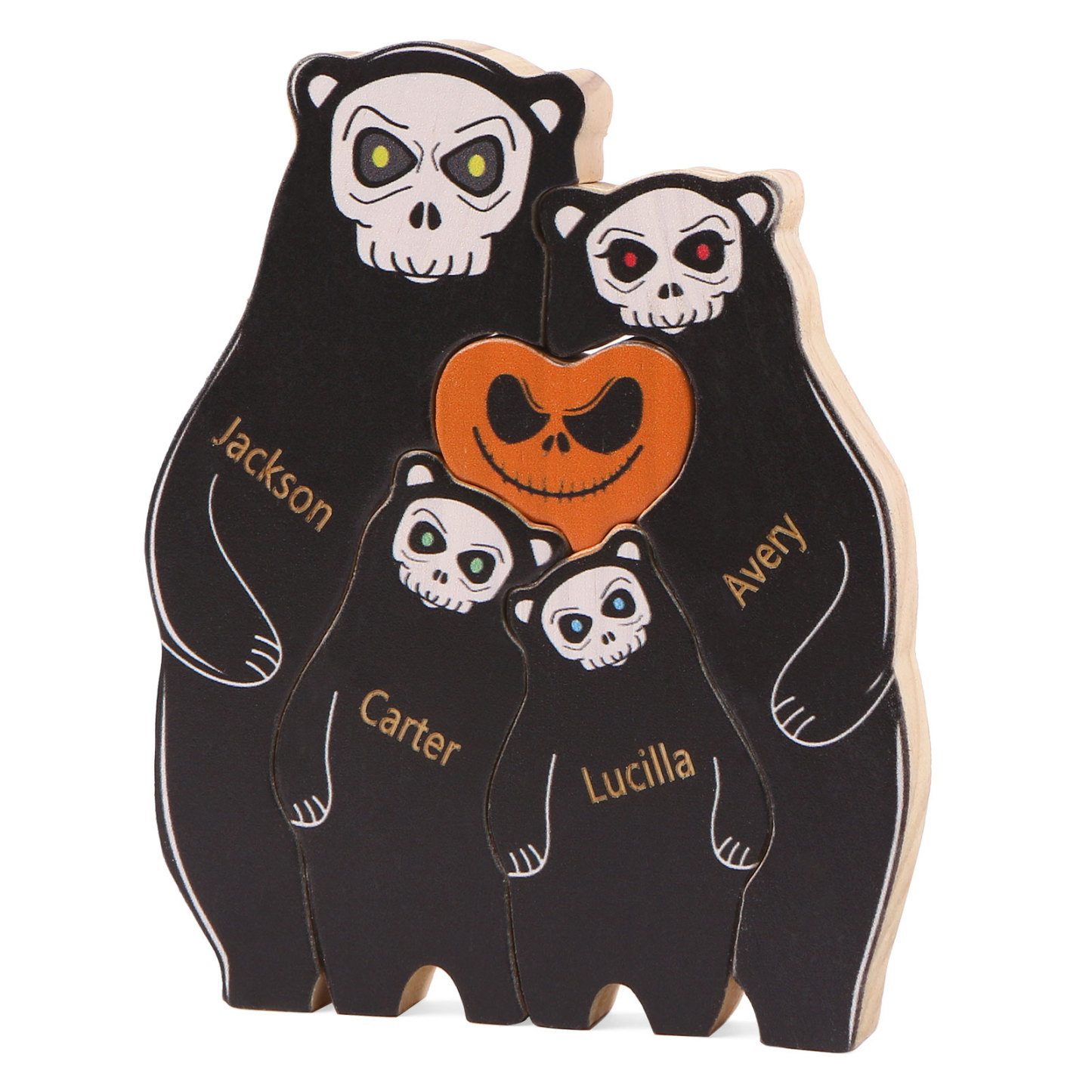 Personalisierte 4 Namen Bären Holz Puzzle Halloween-Ornament- Einzigartiges Geschenk für den spookigen Tag