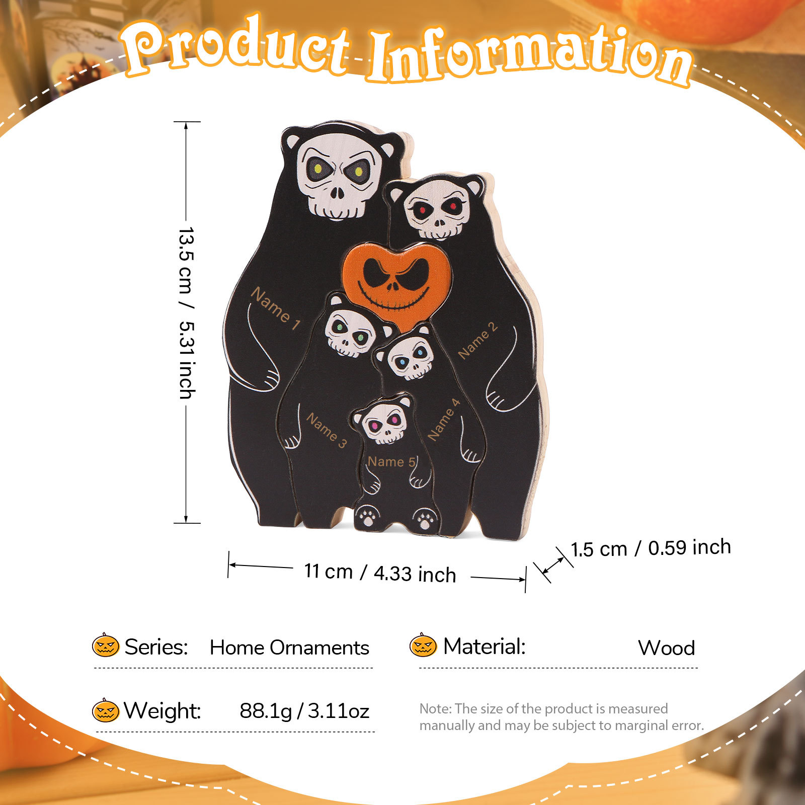 Personalisierte 5 Namen Bären Holz Puzzle Halloween-Ornament- Einzigartiges Geschenk für den spookigen Tag