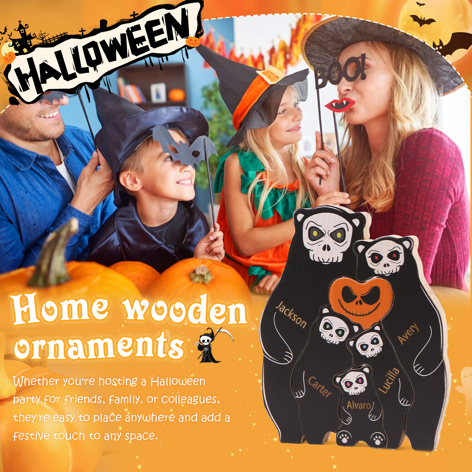 Personalisierte 5 Namen Bären Holz Puzzle Halloween-Ornament- Einzigartiges Geschenk für den spookigen Tag