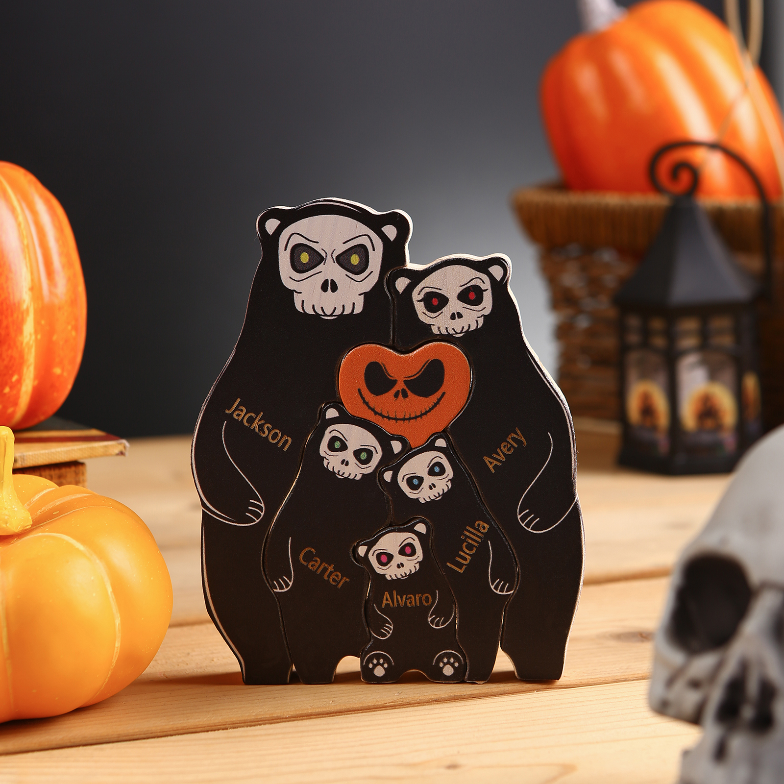 Personalisierte 5 Namen Bären Holz Puzzle Halloween-Ornament- Einzigartiges Geschenk für den spookigen Tag