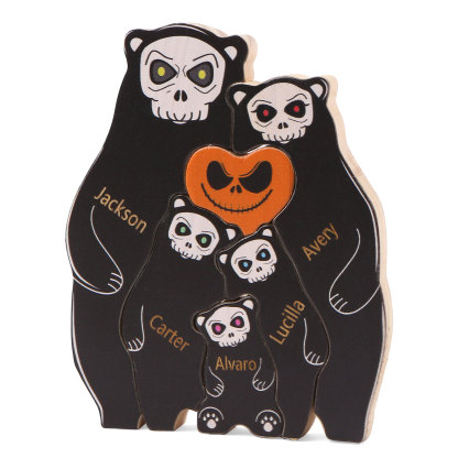 Personalisierte 5 Namen Bären Holz Puzzle Halloween-Ornament- Einzigartiges Geschenk für den spookigen Tag