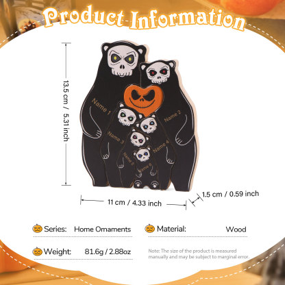 Personalisierte 6 Namen Bären Holz Puzzle Halloween-Ornament- Einzigartiges Geschenk für den spookigen Tag