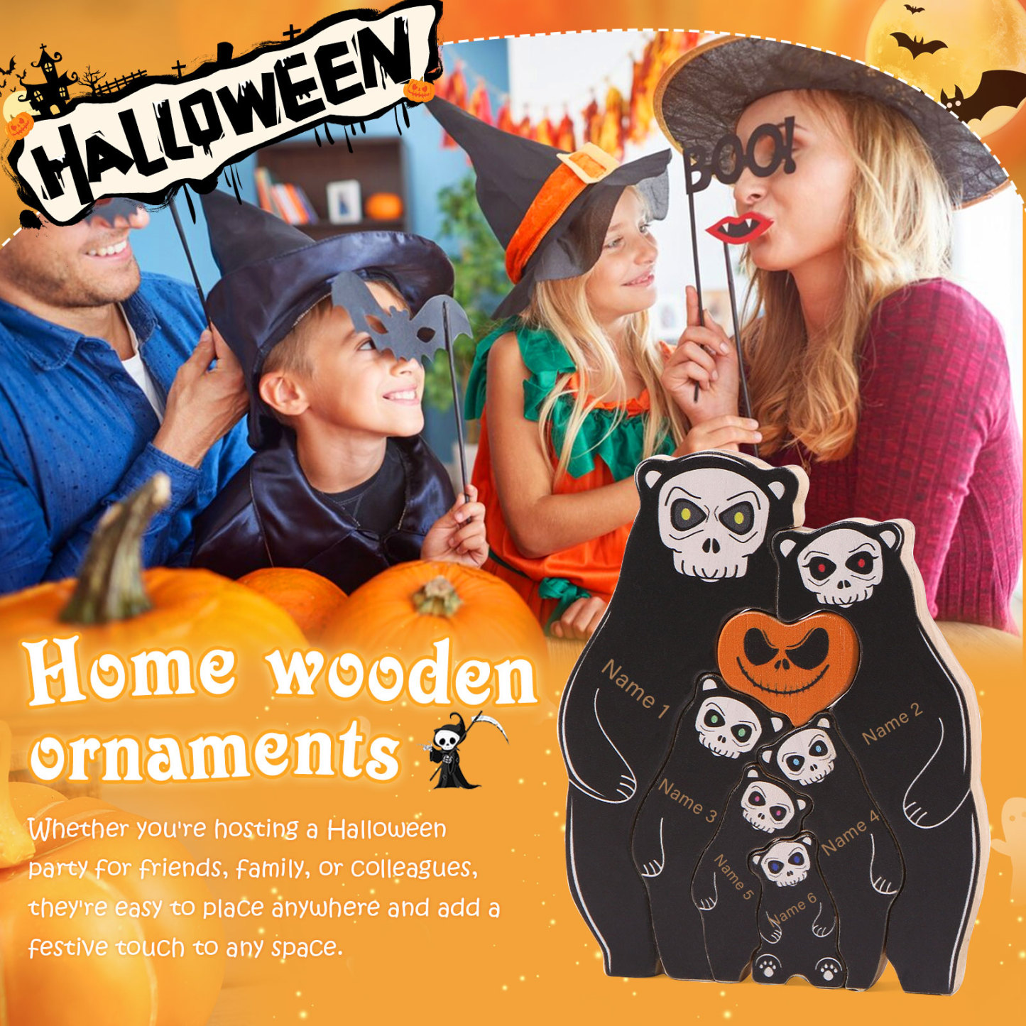 Personalisierte 6 Namen Bären Holz Puzzle Halloween-Ornament- Einzigartiges Geschenk für den spookigen Tag