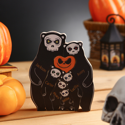 Personalisierte 6 Namen Bären Holz Puzzle Halloween-Ornament- Einzigartiges Geschenk für den spookigen Tag