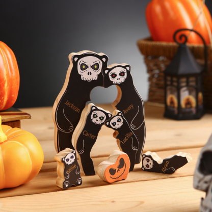 Personalisierte 6 Namen Bären Holz Puzzle Halloween-Ornament- Einzigartiges Geschenk für den spookigen Tag