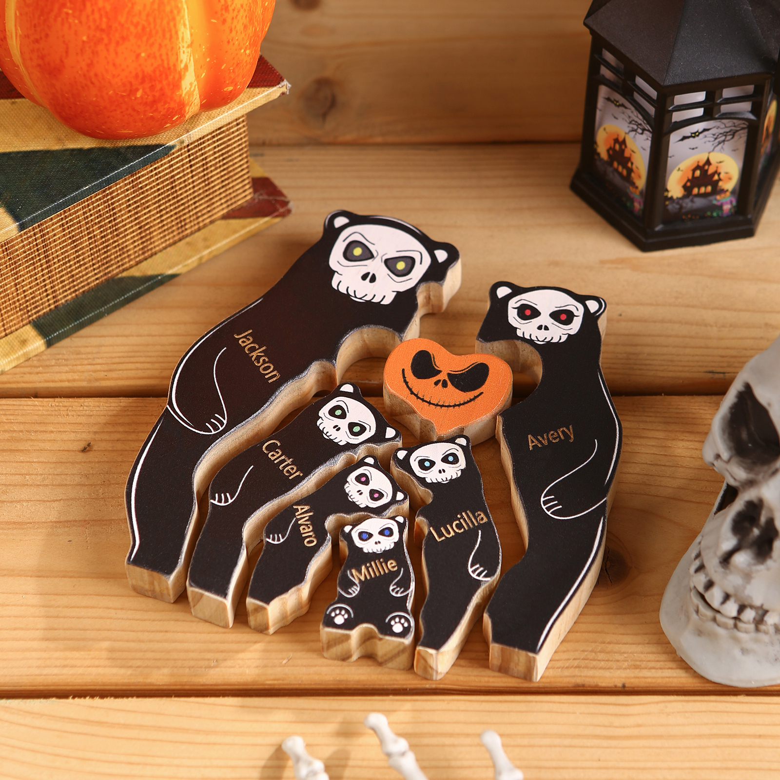 Personalisierte 6 Namen Bären Holz Puzzle Halloween-Ornament- Einzigartiges Geschenk für den spookigen Tag