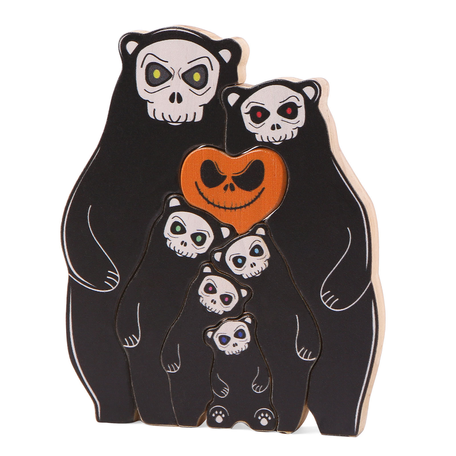 Personalisierte 6 Namen Bären Holz Puzzle Halloween-Ornament- Einzigartiges Geschenk für den spookigen Tag