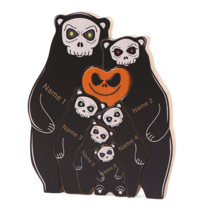 Personalisierte 6 Namen Bären Holz Puzzle Halloween-Ornament- Einzigartiges Geschenk für den spookigen Tag